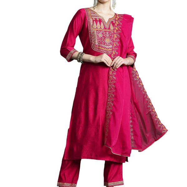 INDO ERA Women's Liva Cotton Blend Embroidered Straight Kurti Pant and Dupatta Set (RRRRR9569)