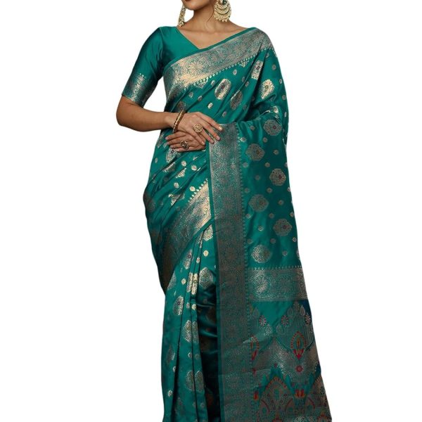 Satrani Women's Silk Blend Weaving Banarasi Saree with Unstitched Blouse Piece