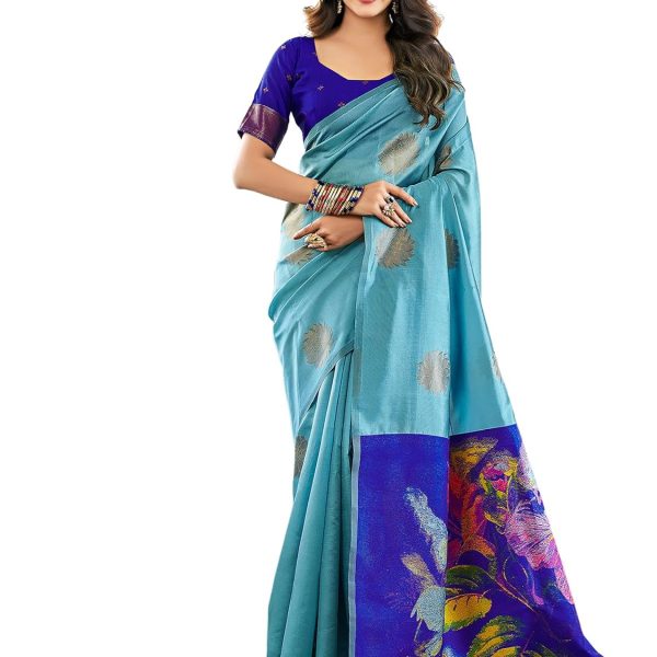 SWARON Women's Banarasi Jacquard Kanjivaram Silk Saree with Unstitched Blouse Piece