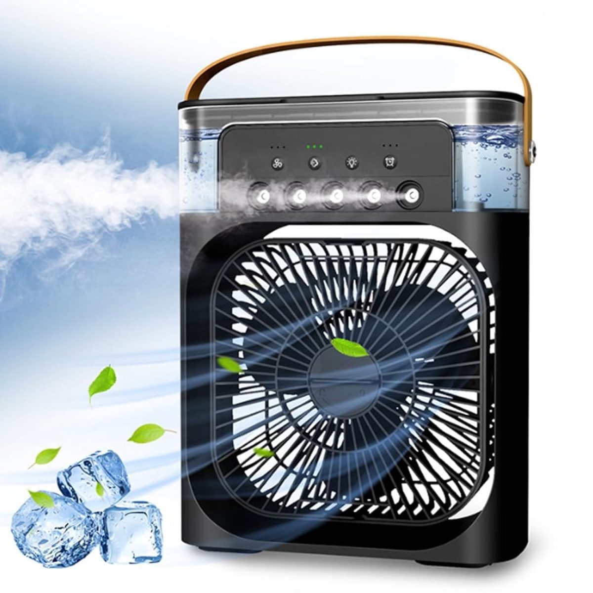 Mabron [15 𝒀𝒆𝒂𝒓𝒔 𝑾𝒂𝒓𝒓𝒂𝒏𝒕𝒚] Mini Air Conditioner Fan – Portable Evaporative Cooler with LED Lights, 3 Wind Speeds, and 3 Spray Modes for Desk or Nightstand - Black_Multicolor