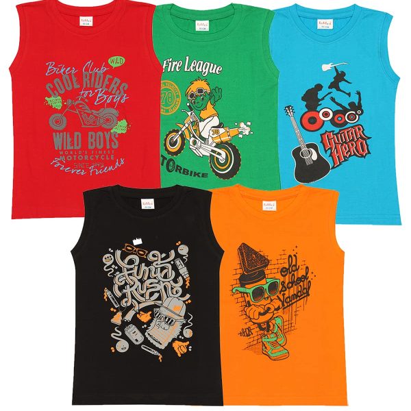 kiddeo Boys Cotton Sleeveless T-Shirt - Pack of 5