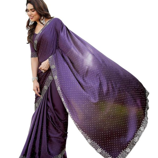 Yashika Women's Bollywood Satin Moss With Swarovski Stone Saree with Blouse |saree for Women | Silk Saree | New Sari | Latest Saree