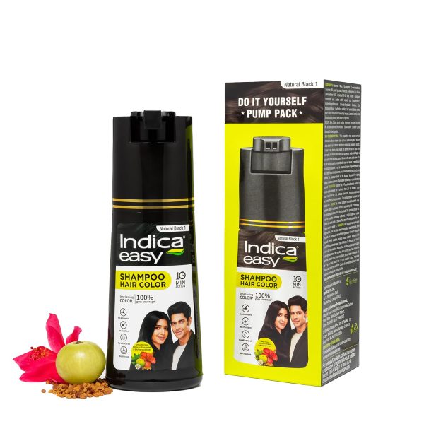 Indica Easy Do-It-Yourself Hair Color Shampoo Pump Pack with 5 Herbal Extracts and 100% Ammonia Free, Long Lasting Formula, 180 ML - Natural Black Colour (Gloves Included)