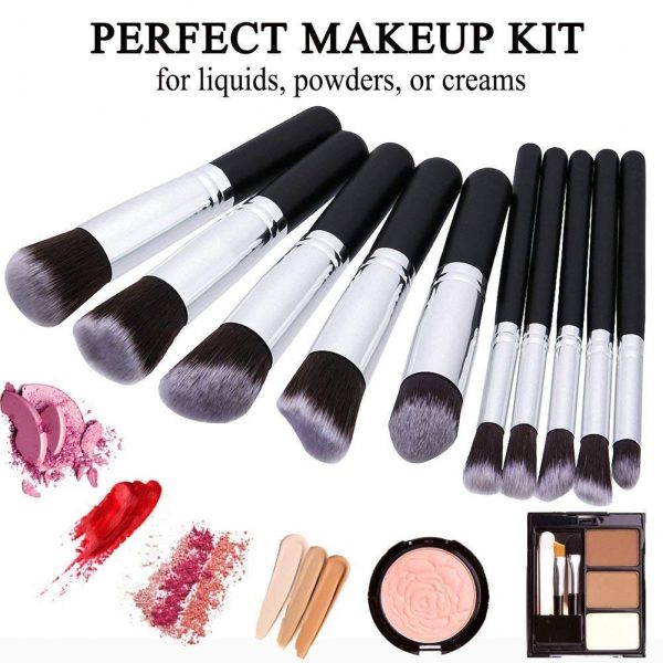 URBANMAC Fiber Bristle Makeup Brushes Set Tool Pro Foundation Eyeliner Eyeshadow (Black) with Sponge Puff- Black, 10 Pieces