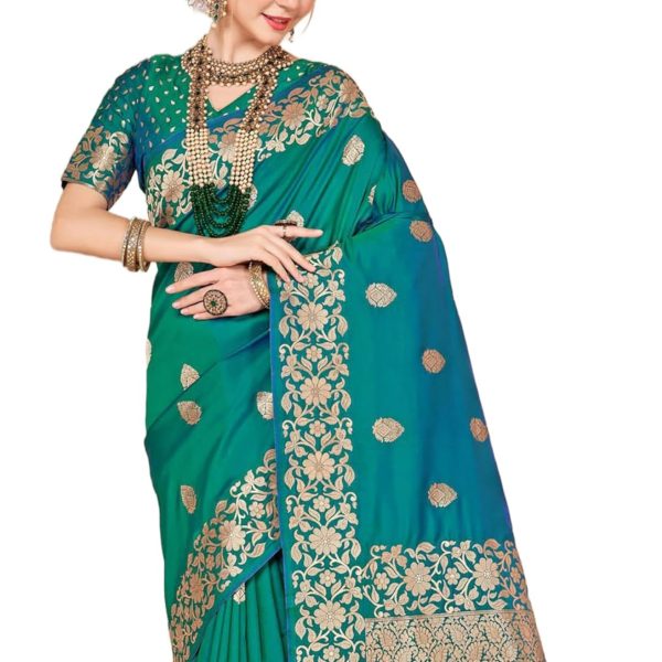 SWORNOF Women's kanjivaram banarasi silk saree Zari Woven for festival Wedding silk with rich pallu Design sarees for women with Unstitched blouse piece