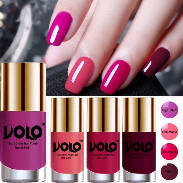 VOLO Hd Colors High-Shine Long Lasting Non Toxic Professional Nail Polish Set Of 4 (Bright Plum, Pink Mania, Moon Magenta & Wine) Glossy Finish, 39.6ml