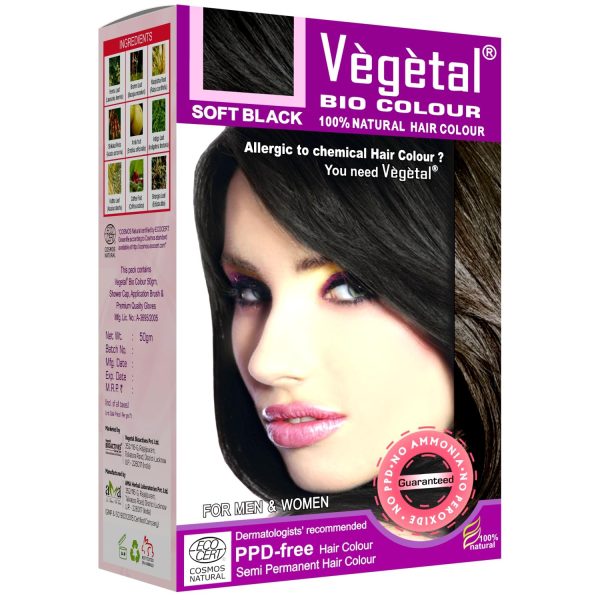 Vegetal Bio Hair Colour - Soft Black | 50g | Achieve Natural, Ammonia-Free Hair Color | PPD-Free, 100% Herbal Certified Organic for Men and Women | UV Protection and Luster Maintenance | Complete Kit