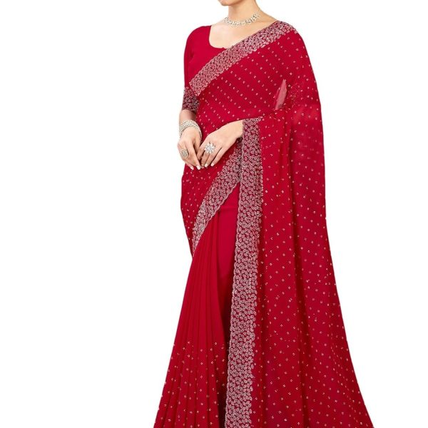 Satrani Women's Georgette Stone Work Saree with Unstitched Blouse Piece