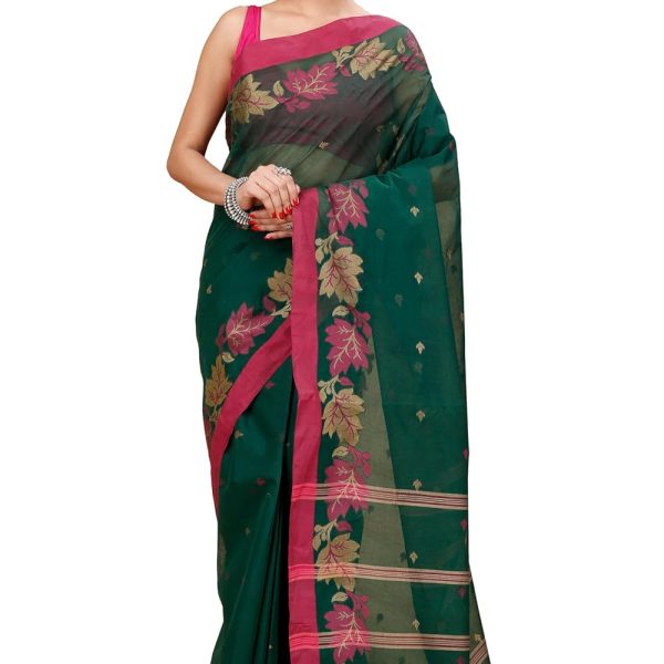 Tant Story Women's Traditional Bengal Tant Handloom Pure Cotton Leaf Border Tangail Saree without Blouse Piece