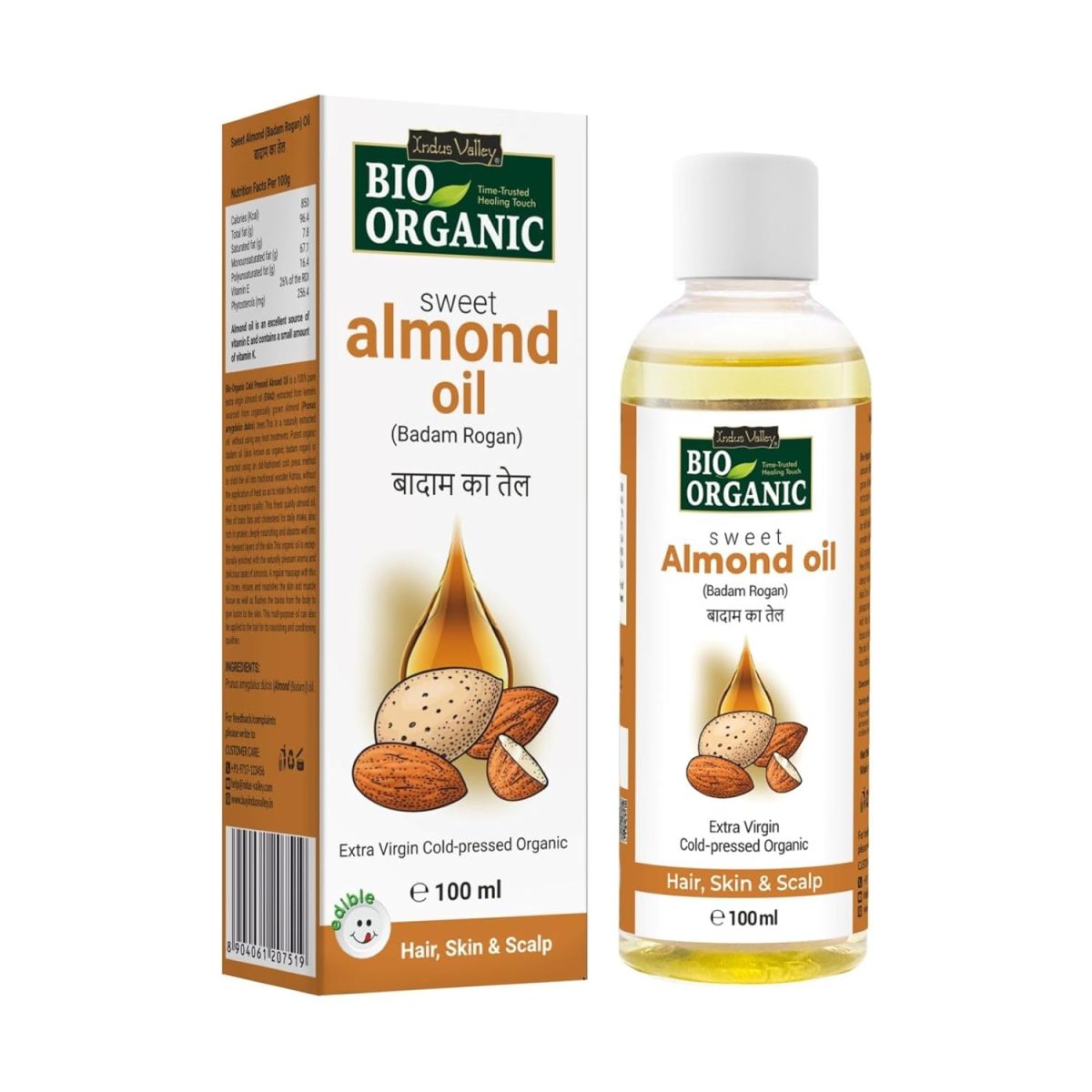 INDUS VALLEY Bio Organic Cold Pressed Almond Oil for Soft & Shiny Hair, Glowing Skin, Hair Damage Protection, Pure Roghan Badam Oil(Tail) for Baby Massage - 100ml