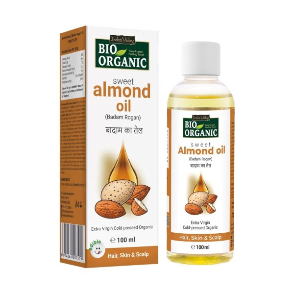 INDUS VALLEY Bio Organic Cold Pressed Almond Oil for Soft & Shiny Hair, Glowing Skin, Hair Damage Protection, Pure Roghan Badam Oil(Tail) for Baby Massage - 100ml