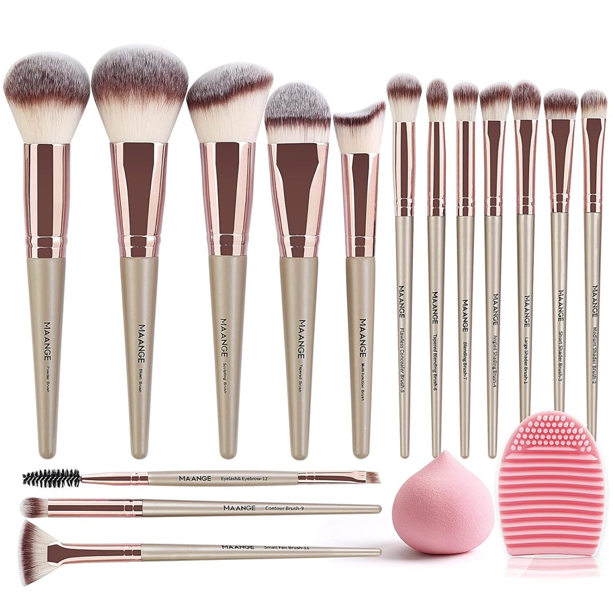 MAANGE Makeup Brushes 15Pcs Makeup Brush Set Premium Synthetic Foundation Face Powder Blush Concealers Make Up Brushes Sets with Makeup Sponge and Brush Cleaner?Champagne)