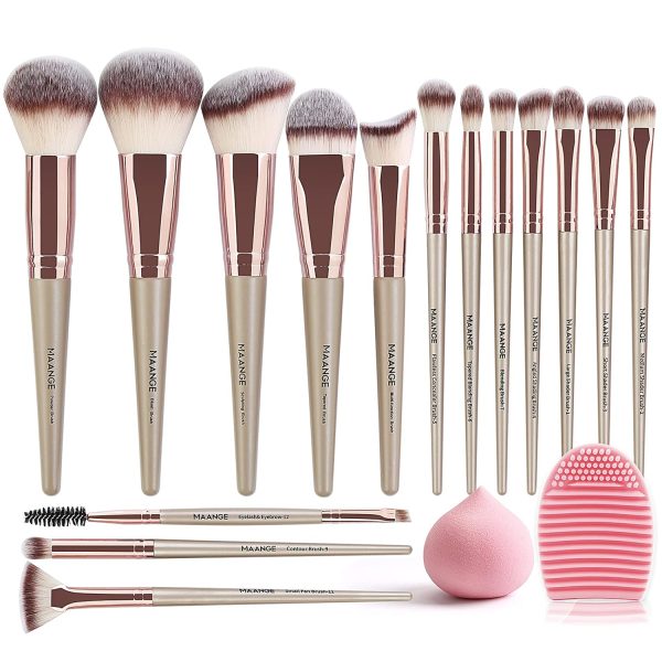 MAANGE Makeup Brushes 15Pcs Makeup Brush Set Premium Synthetic Foundation Face Powder Blush Concealers Make Up Brushes Sets with Makeup Sponge and Brush Cleaner?Champagne)