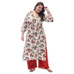 Tissu Women's Rayon Plus Size Cream & Orange Printed Kurta & Palazzo