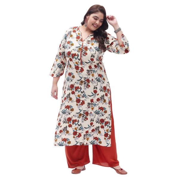 Tissu Women's Rayon Plus Size Cream & Orange Printed Kurta & Palazzo