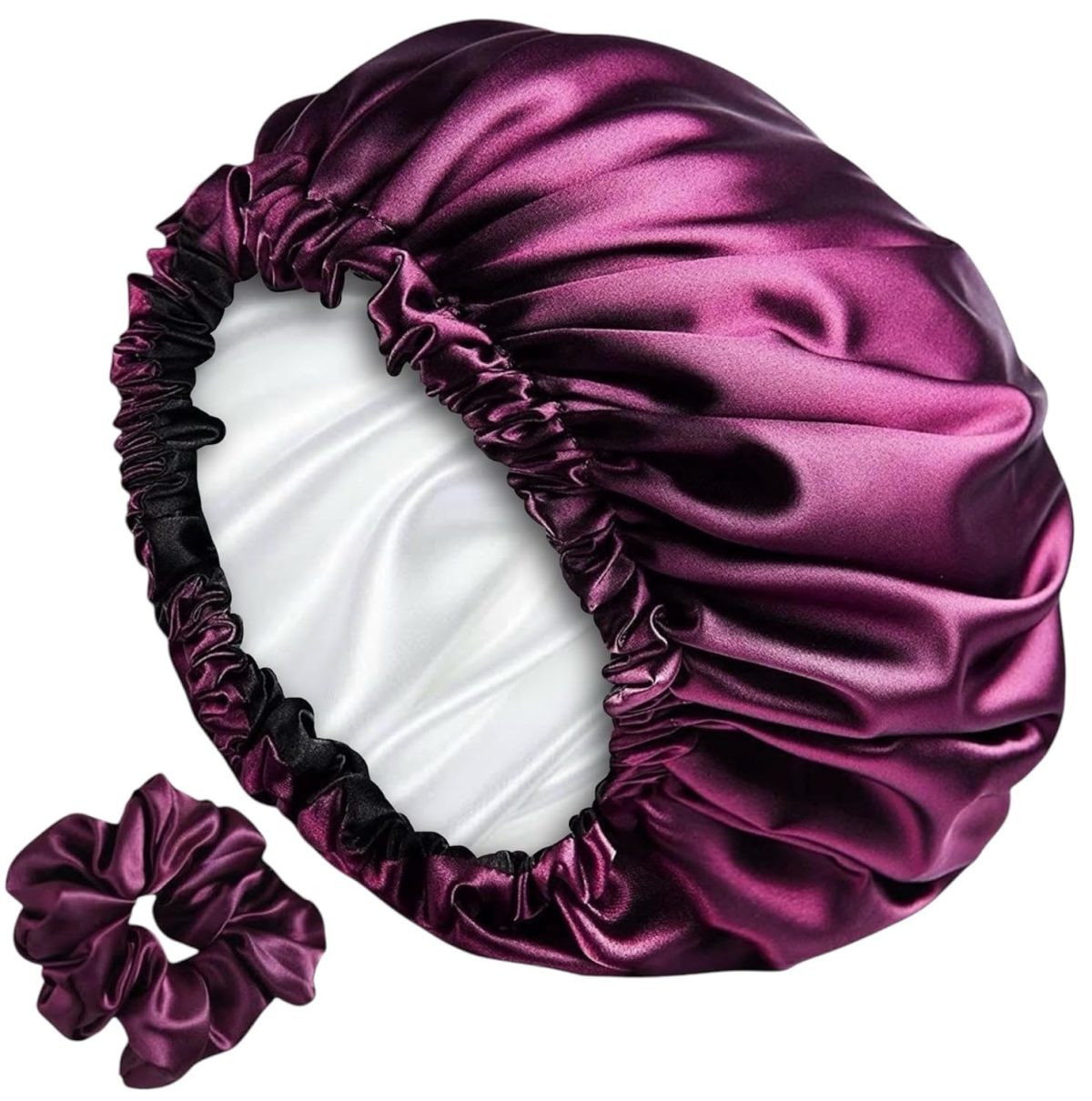 RIXTEC Luxury Satin Silk Hair Bonnet Cap for Sleeping with Satin Scrunchie | For Women & Girls | For Curly & All Hair Types - Wine