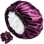 RIXTEC Luxury Satin Silk Hair Bonnet Cap for Sleeping with Satin Scrunchie | For Women & Girls | For Curly & All Hair Types - Wine