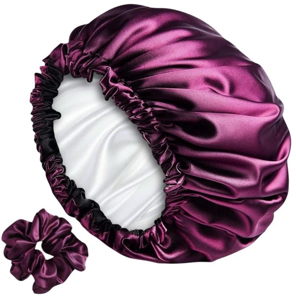 RIXTEC Luxury Satin Silk Hair Bonnet Cap for Sleeping with Satin Scrunchie | For Women & Girls | For Curly & All Hair Types - Wine