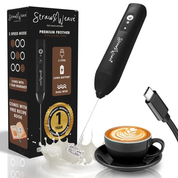 Coffee Frother Electric with Double Whisk | C Type Rechargeable Coffee Maker Machine for Home | 1 Year Warranty | Free Coffee Blender Recipe Book | Big Battery 1 Charge = 15 Days Use