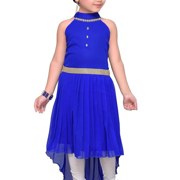 Adiva Girls Georgette Solid High Low Knee Length Dress for Kids