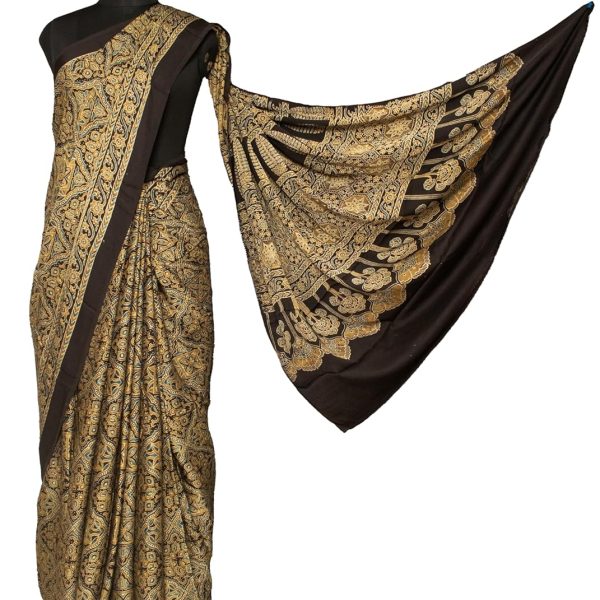 Ethnics of Kutch Womens Ajrakh Modal Silk Natural Dye Hand Block Print Saree with Blouse Piece - 5.5 Mtr Length