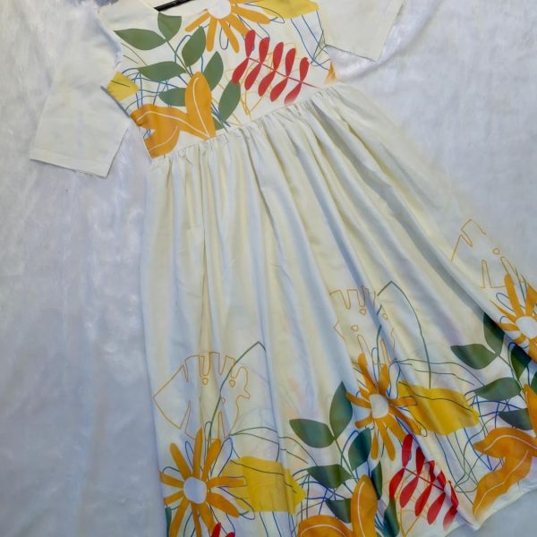 eightone Women Floral Print Cotton Midi Dress, Short Sleeve, White with Yellow and Red Flowers, A-Line Fit (in, Alpha, XL, White)