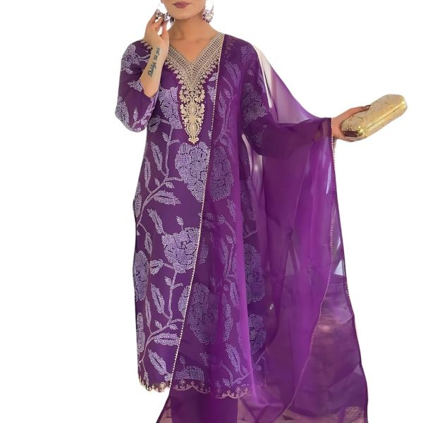Naixa Women's Purple Rayon Embroidered Straight Kurta with Rayon Pant and Organza Laced Dupatta Sets (NX-713)