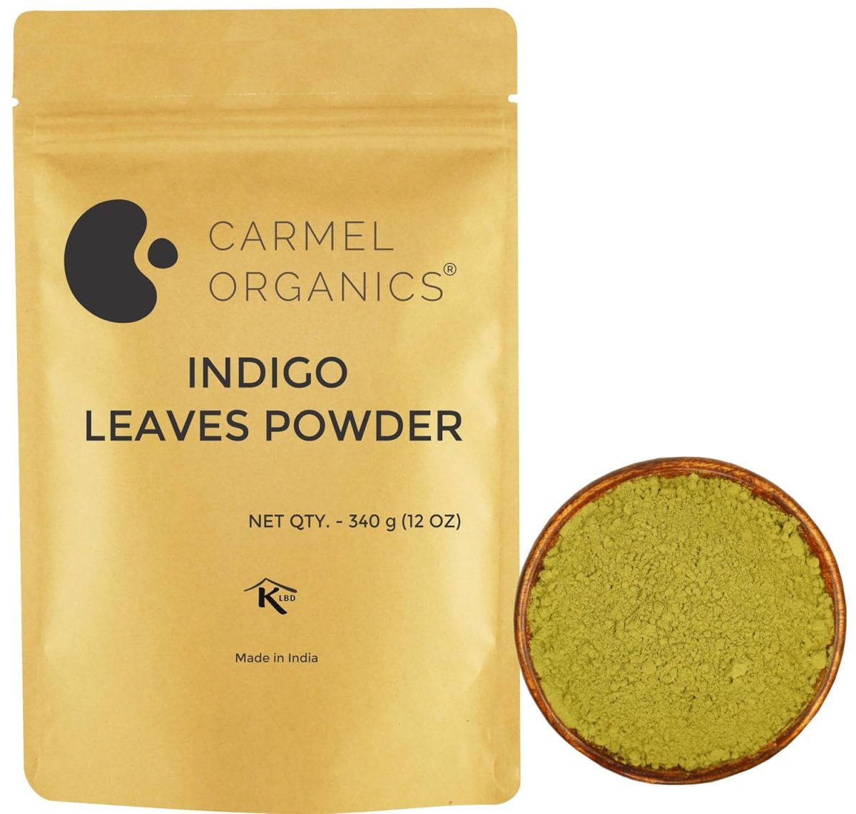 CARMEL ORGANICS Indigo Leaves Powder (340 Grams) – Natural Hair Colorant for Black/Brown Hair, Includes Gloves & Hair Cap, No Added Colors or Preservatives, Avuri Akulu, Indigofera Tinctoria
