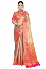 Sugathari Women's Gold and Pink kanjivaram banarasi silk saree for Patola festival Wedding silk with rich pallu Design sarees for women with blouse piece (Gold Star)