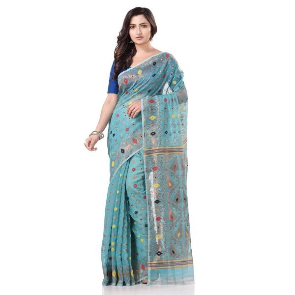 TANTLOOM Women's Zari Karat Resham Dhakai jamdani Bengal Handloom Pure Cotton Saree Whole Body Design without Blouse Piece