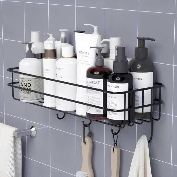 Boniry Stainless Steel Bathroom Shelf for Wall, Self Adhesive Bathroom Organiser, 4 Hooks for Towel Holder, Space-Saving Wall Mounted Bathroom Shelf with Elegant Design (Pack of 1, Black)