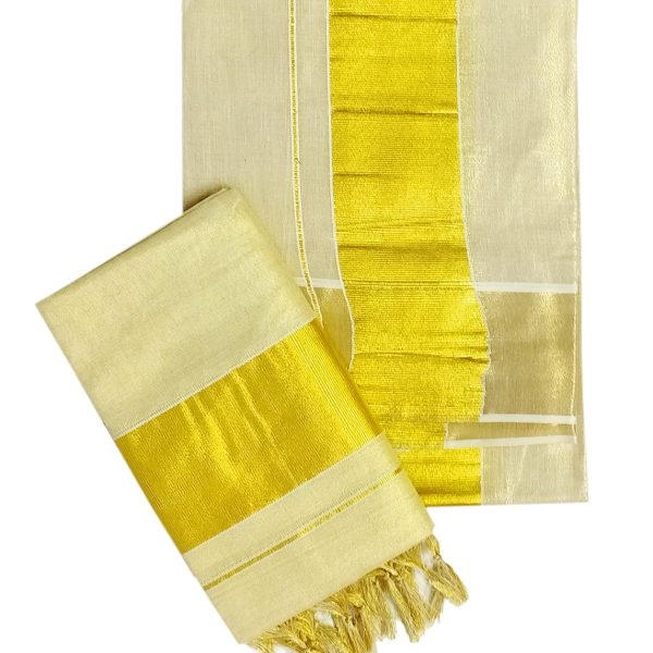 YETTALAN® Women's Kerala Traditional Flora Tissue Kasavu Set Mundu With Tassels 2.00x2.80 Meters