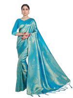 Vardha Women's Kanchipuram Raw Silk Saree with Unstitched Blouse Piece - Zari Woven Work Sarees for Wedding