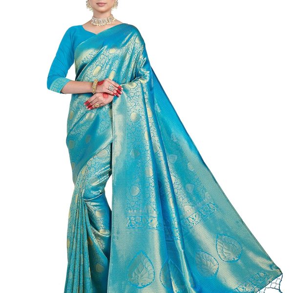 Vardha Women's Kanchipuram Raw Silk Saree with Unstitched Blouse Piece - Zari Woven Work Sarees for Wedding