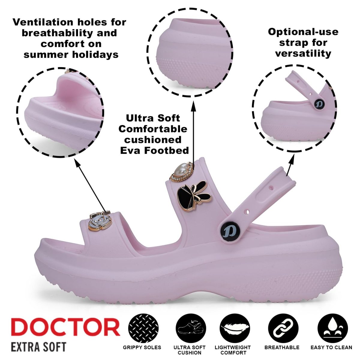 DOCTOR EXTRA SOFT Women's Metallic Charms Fashion Slippers/Sandals With Adjustable Back Strap|Comfortable|Lightweight|Stylish & Anti-Skid|Waterproof Casual Beach Slides Mules Girls & Ladies D-533 - Image 2
