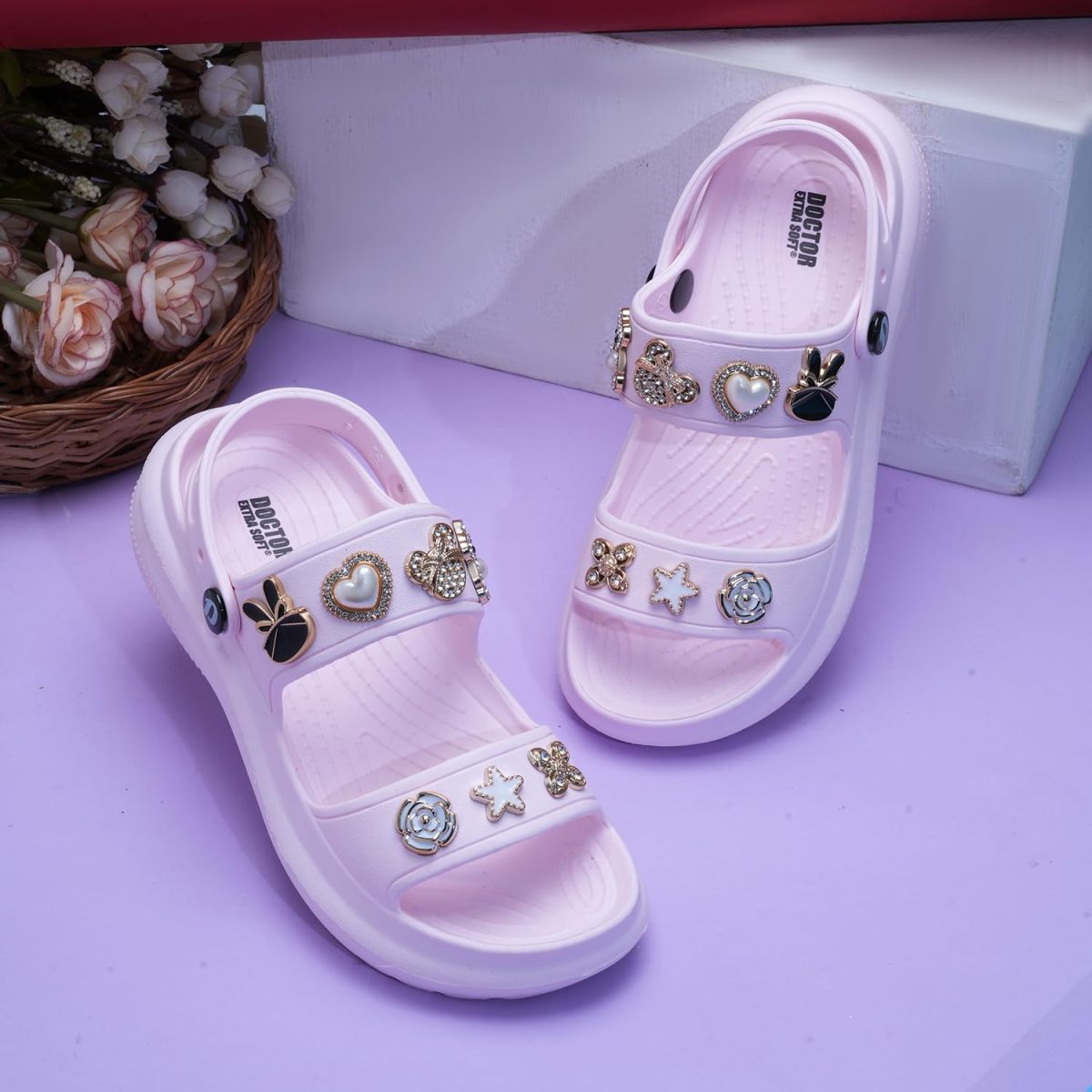 DOCTOR EXTRA SOFT Women's Metallic Charms Fashion Slippers/Sandals With Adjustable Back Strap|Comfortable|Lightweight|Stylish & Anti-Skid|Waterproof Casual Beach Slides Mules Girls & Ladies D-533 - Image 3