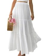 PINKHUB Women's Summer Ruffle Hem Long Skirt Women Plain and Pleated Skirt White