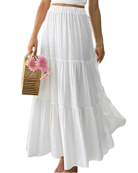 PINKHUB Women's Summer Ruffle Hem Long Skirt Women Plain and Pleated Skirt White