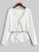 JC JUMMY COUTURE Casual Multicolor Solid Full Sleeve Front Tie Shrug for Women (MIDUEM, White) - Image 6