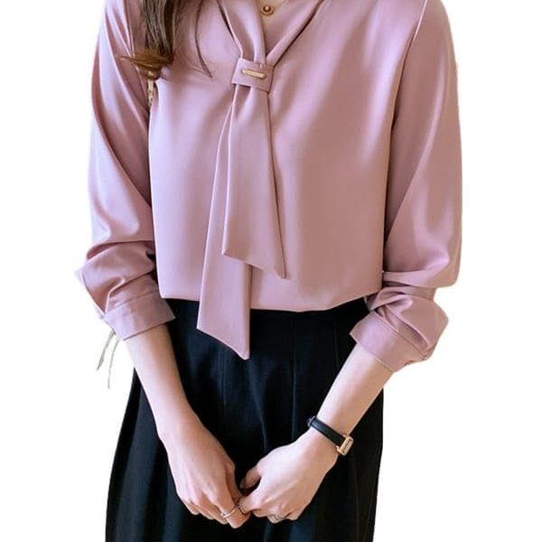 PINKHUB Elegant Women's Tie Neck Summer Long Sleeve V-Neck Chiffon Korean Style Plain Business Work Shirts Blouse Top