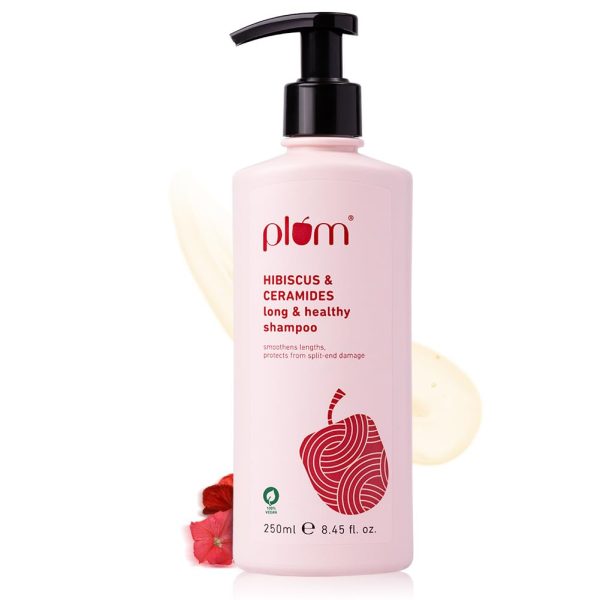 Plum Hibiscus & Ceramides Long & Healthy Shampoo | Hydrates & Conditions Hair, Prevents Split Ends |Contains Hibiscus Extracts, Ceramides | SLS & Paraben Free| 100% Vegan | 250ml