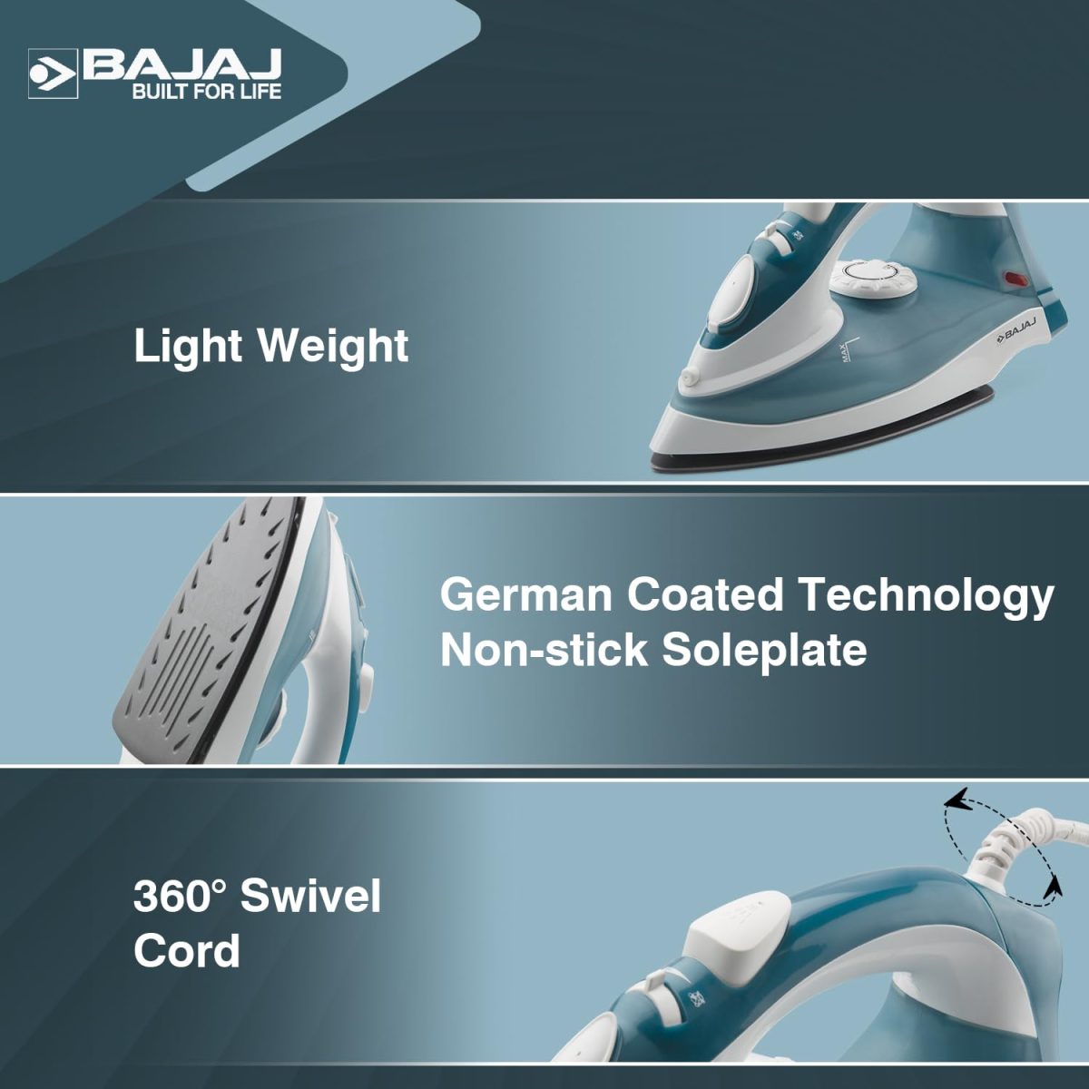 Bajaj MX 3 Neo Steam Iron | 1250 Watts Power For Faster Ironing | Vertical & Horizontal Ironing | Spray Function | Anti-Bacterial & Non-Stick Soleplate Coating | 2-Yr Warranty By Bajaj 【Blue】 - Image 4