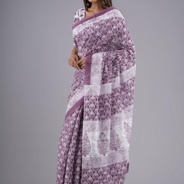 Kiaaron Handicrafts Women's Ikat Hand Block Print Jaipuri Cotton Mulmul Saree with Blouse Piece