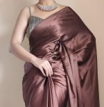 SHOPAZ Women's Ready to Wear Coffee Satin Silk 1 Minute Pre Pleated Heavy Saree with Unstitched Coffee Blouse - Image 3