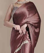 SHOPAZ Women's Ready to Wear Coffee Satin Silk 1 Minute Pre Pleated Heavy Saree with Unstitched Coffee Blouse - Image 6