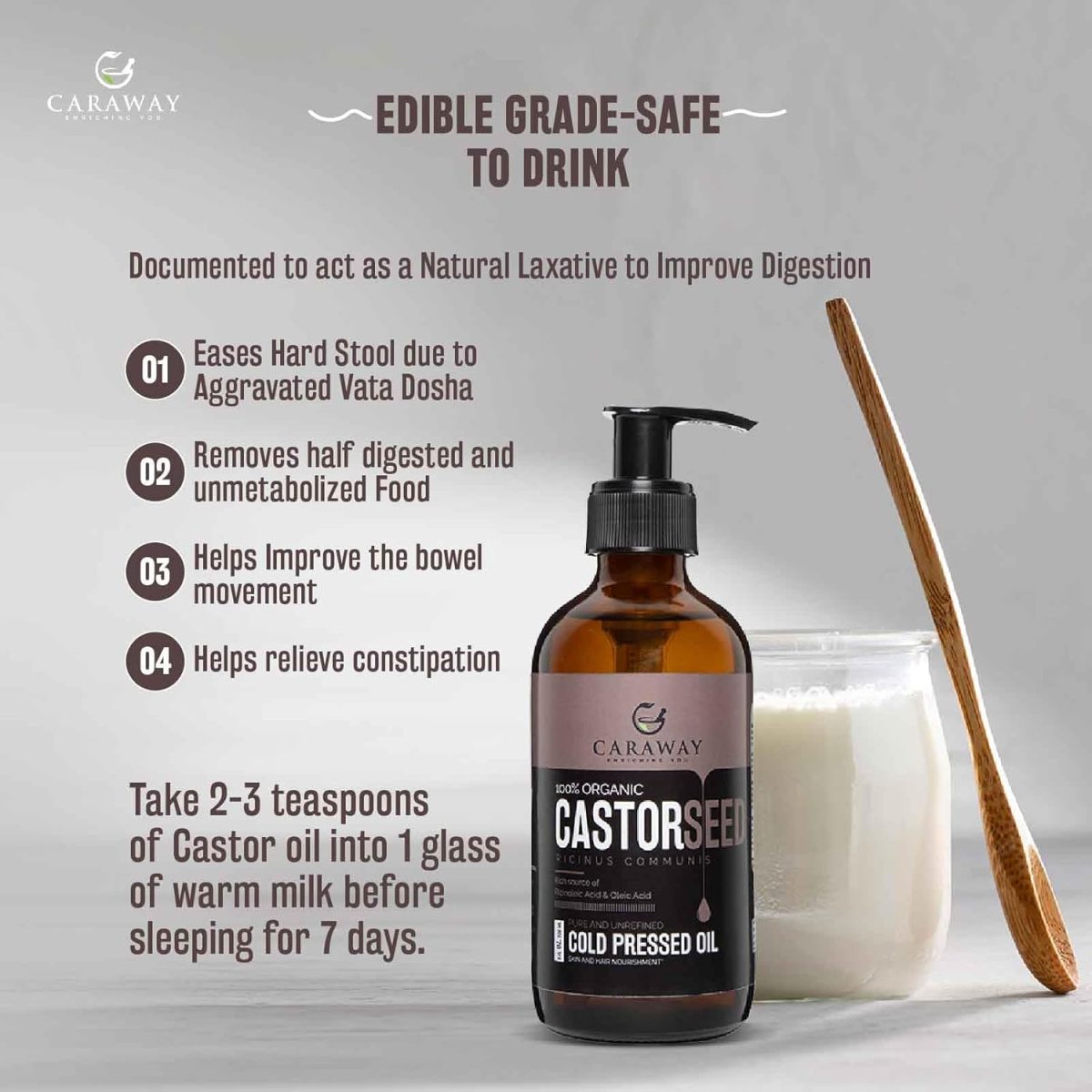 CARAWAY Organic Cold Pressed Castor Oil – Edible for Constipation Relief & Hexane-Free Castor Oil for Hair Growth, liver detox Skin & Joint pain glass bottle – 236 ml / 8 oz - Image 2