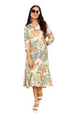 KESUDI A Line Dresses for Women Western Latest - Rayon Floral One Piece Dress for Women Long | Stylish Flared Shirt Roll Tab Sleeve | Knee Length Frock Midi Maxi Dress | Wear as Beach, Party & Summer
