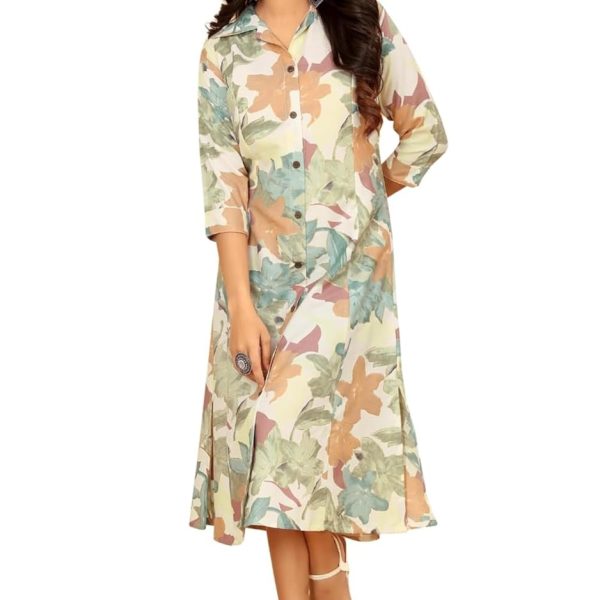KESUDI A Line Dresses for Women Western Latest - Rayon Floral One Piece Dress for Women Long | Stylish Flared Shirt Roll Tab Sleeve | Knee Length Frock Midi Maxi Dress | Wear as Beach, Party & Summer
