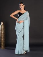 AKHILAM Women's Black Embellished Georgette Saree With Unstitched Blouse Piece - Image 2