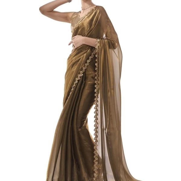 ORHANS Women's Lightweight Organza Saree With Lace & Sequin Work || Designer Party Wear Saree For Wedding, Festival, Reception & Special Occasions || Includes Golden Art Silk Unstitched Blouse Piece